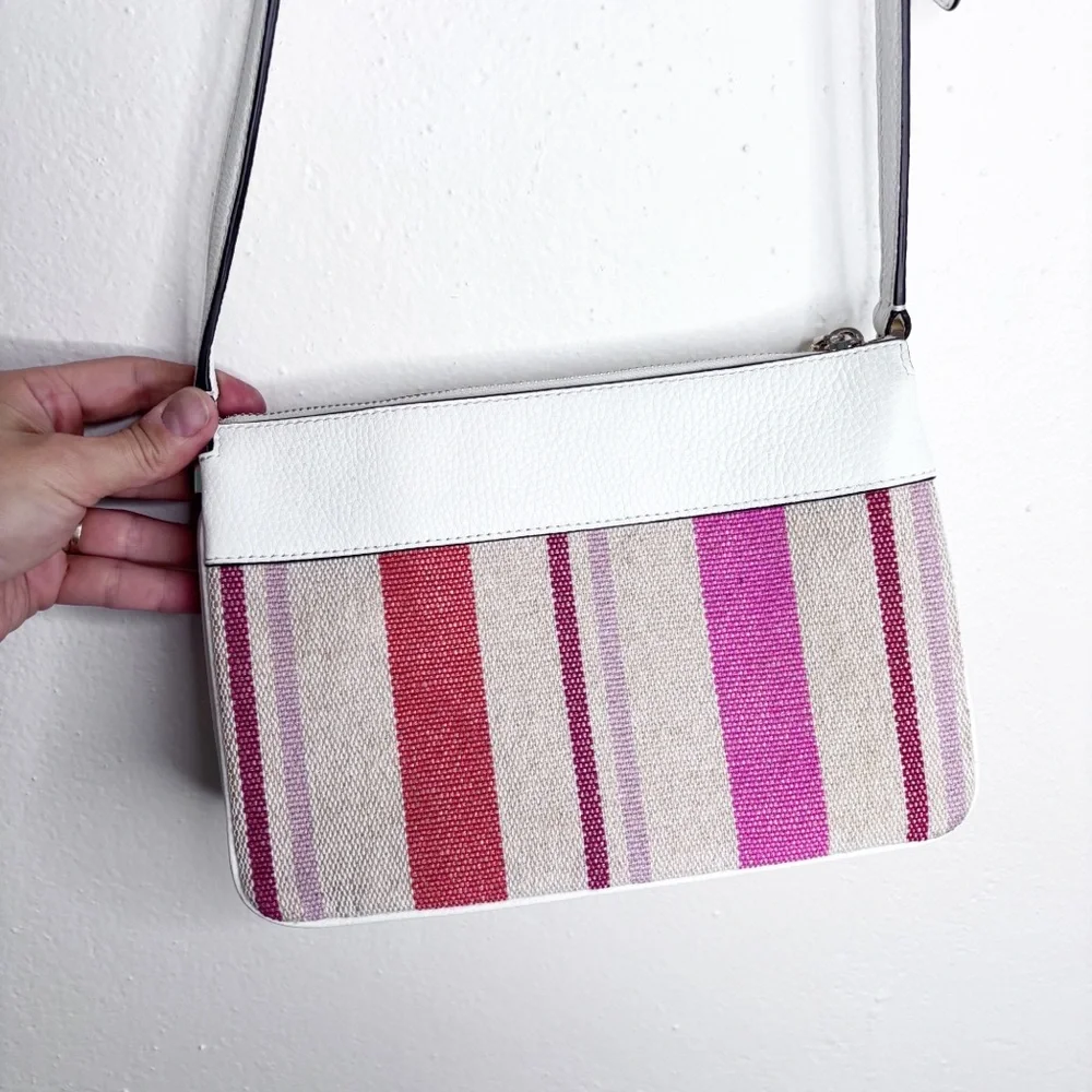 Kate Spade New York Leila Triple Gusset Crossbody Purse Striped Pink White EUC